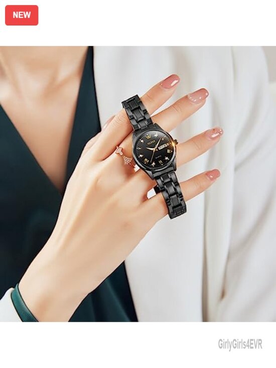 Gold Black White Dial Stainless Steel Quartz Date Day Watch Women Waterproof main image 4